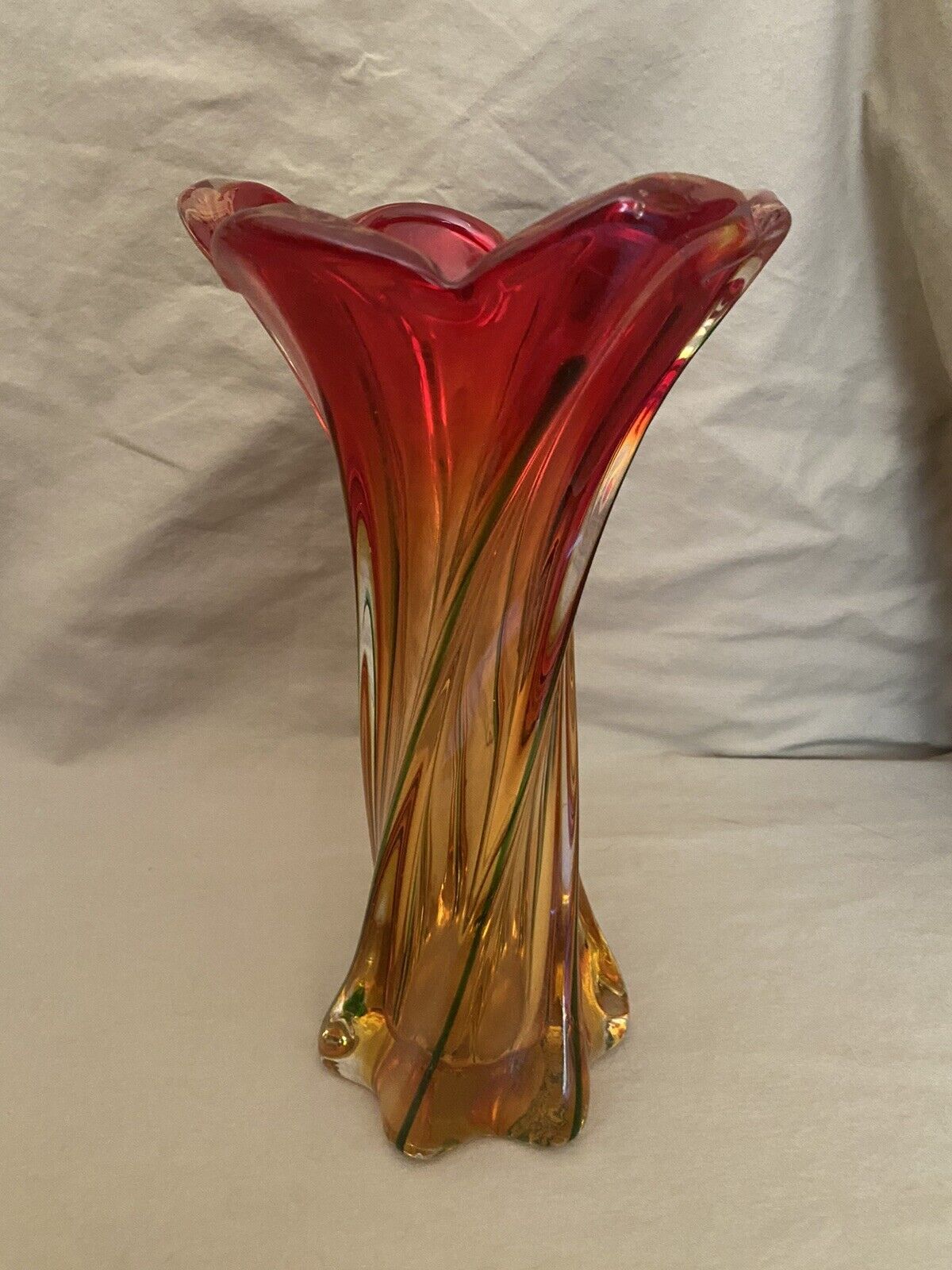 Vintage Jordan Imports Swung Murano Glass Vase 11” Amberina With Green Stripes