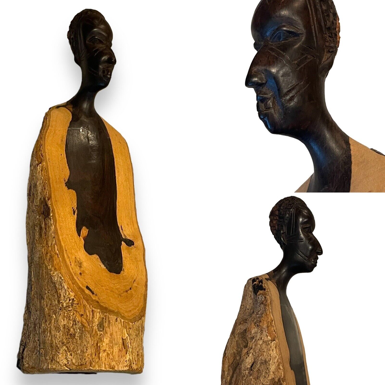 Vintage African Ebony Carving of An Elder / Old Man w A Shawl Coat 9.5x3