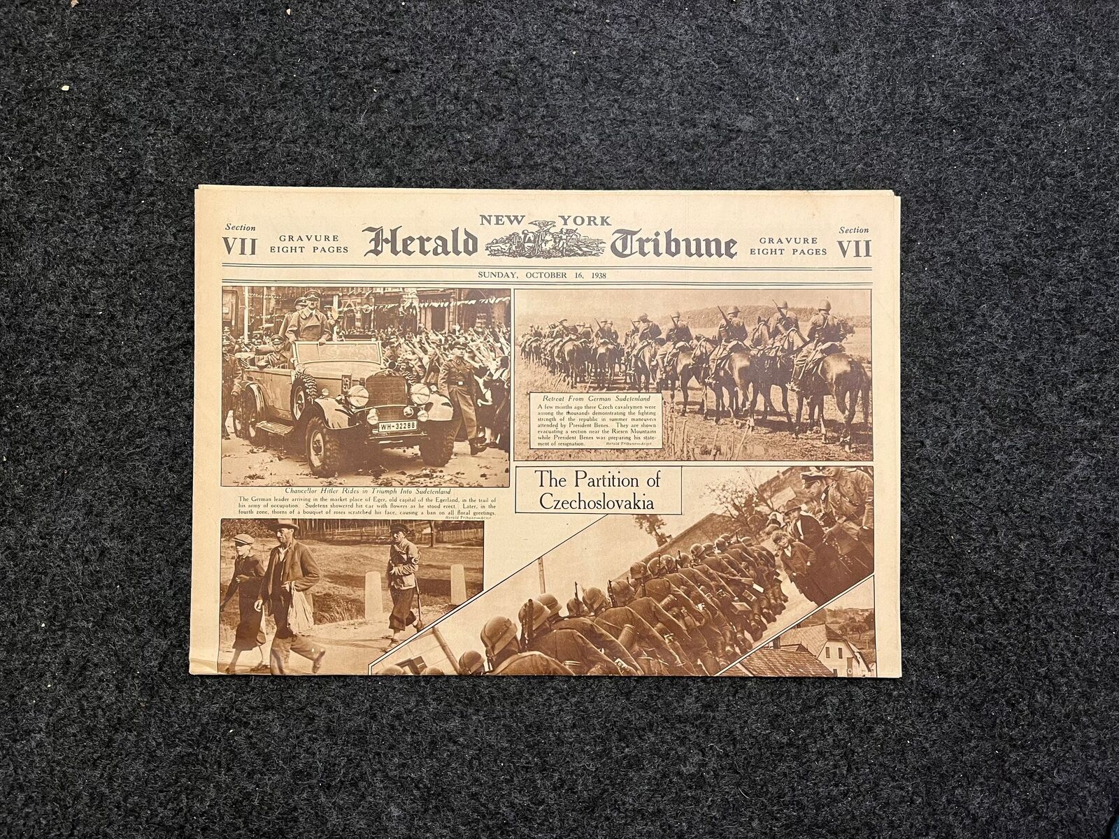 Original 1938 WW2 Newspaper Section - Partition of Czechoslovakia by German Emp