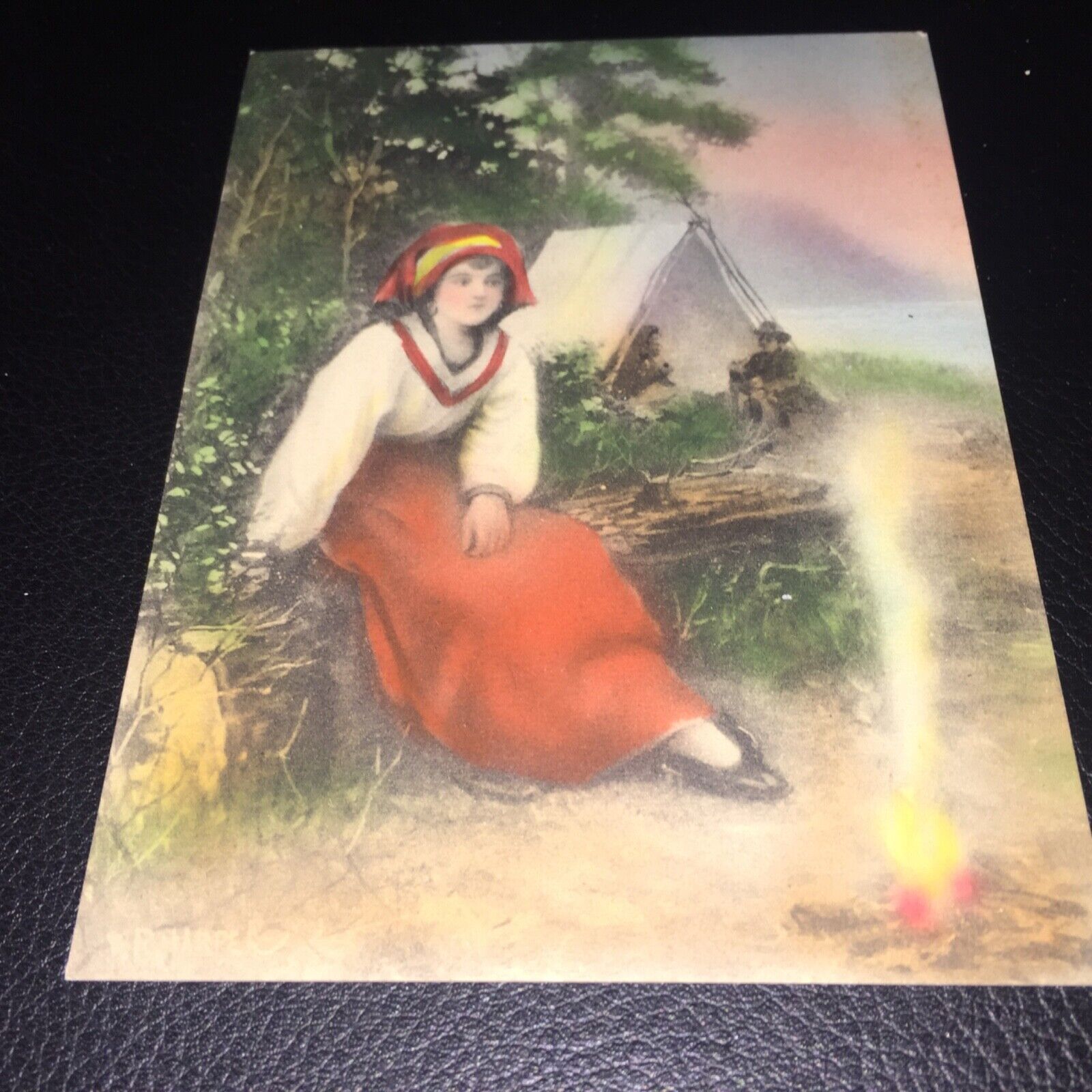 VICTORIAN F.R. HARPER 1880’s GIRL BY A CAMPFIRE WITH TENT IN BACKGROUND CARD