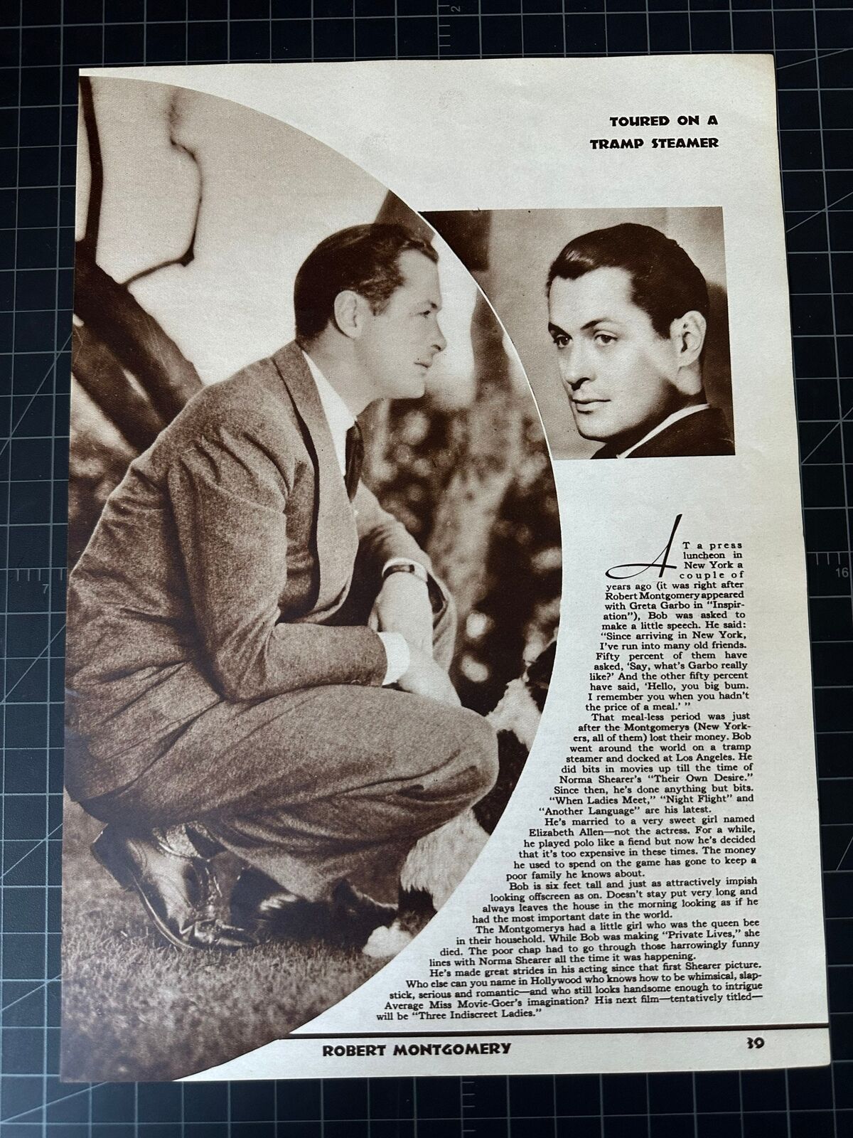 Rare Vintage 1930s Robert Montgomery Portrait + Bio - Old Hollywood