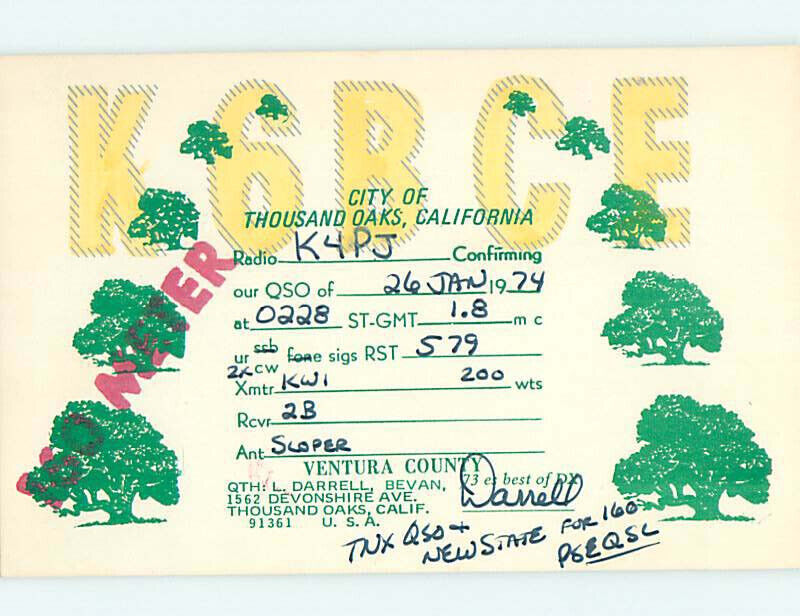 Pre-1980 RADIO CARD - CB HAM OR QSL Thousand Oaks - Los Angeles CA AH2091