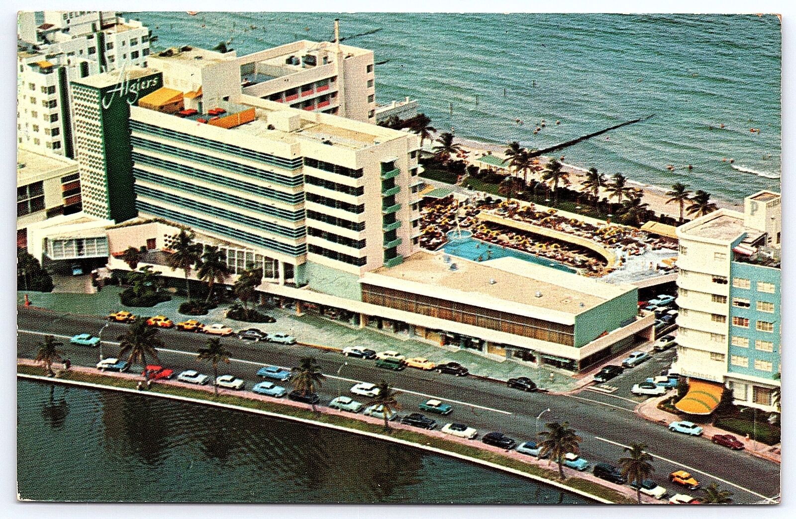 Vintage Postcard 1961 Algiers Hotel Building Oceanfront Highway Miami Beach FL
