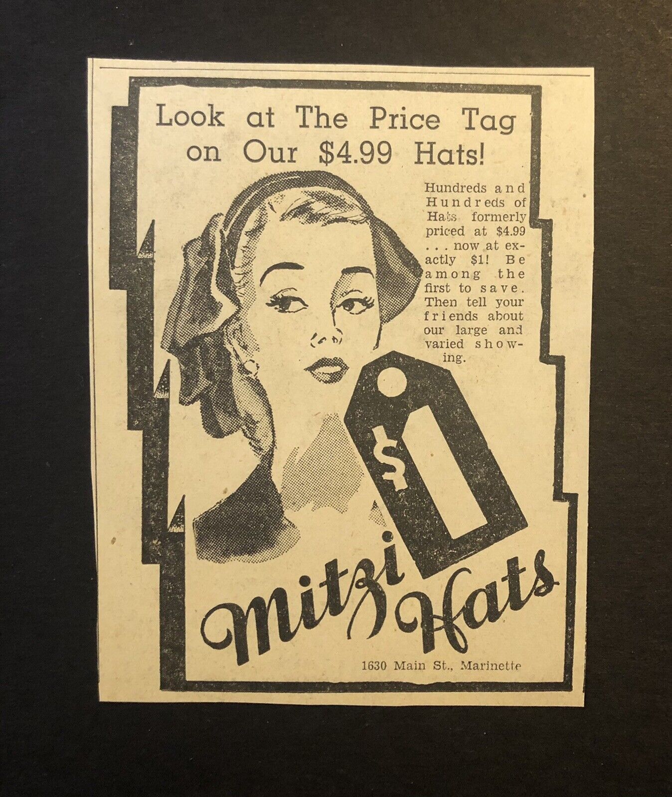 1950’s Mitzi Retail Store Women’s Hats Newspaper Ad