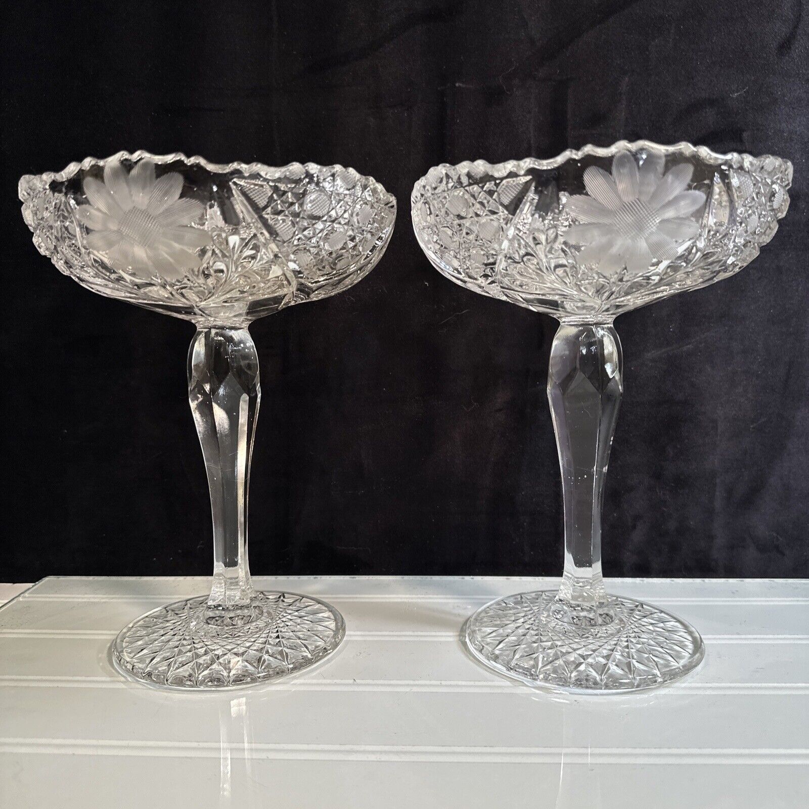 Pair Cut Crystal Compotes Centerpiece American Brilliant Period ABP 8\