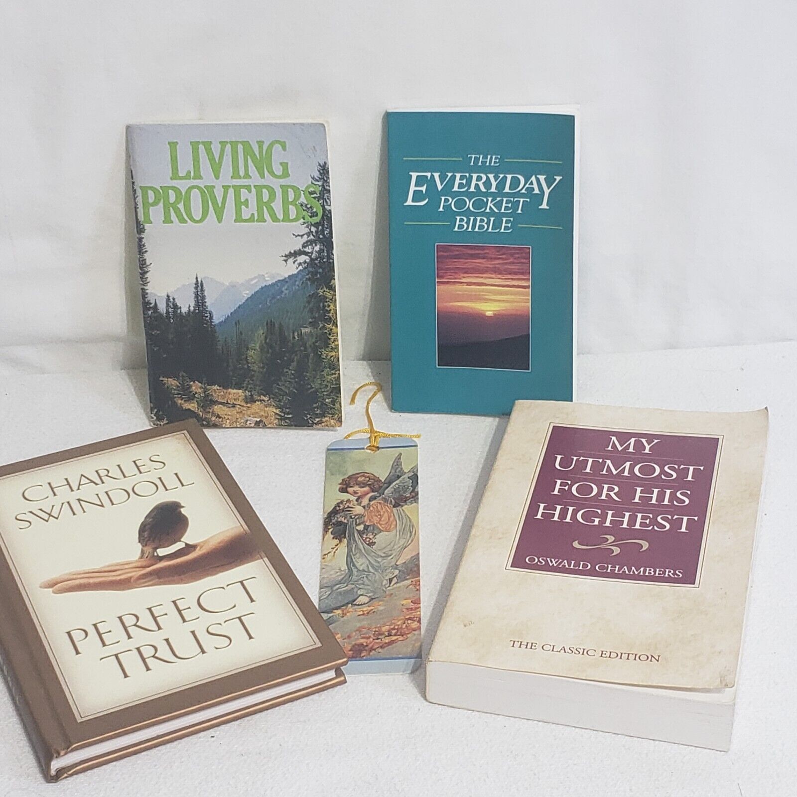 Lot of 4  Small Religious Books, Pocket Bibles, and bookmark My Utmost, Proverbs