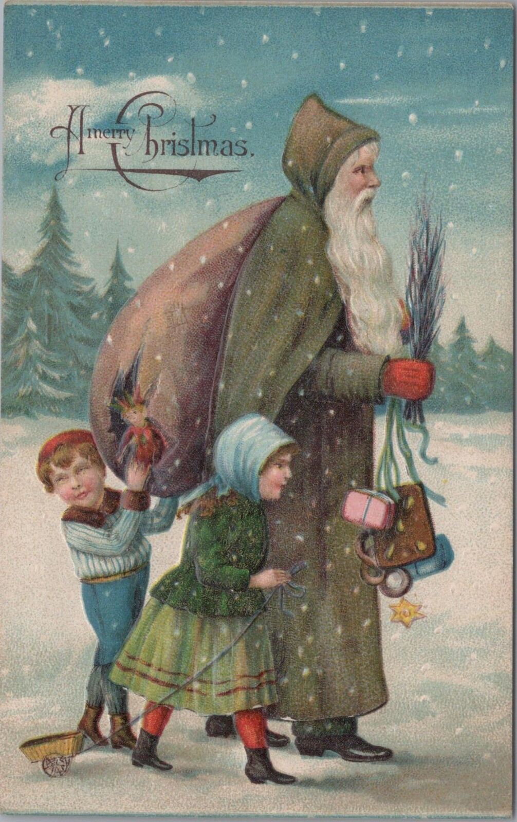 Christmas Postcard Santa Claus Green Robes Walking with Children + Toys