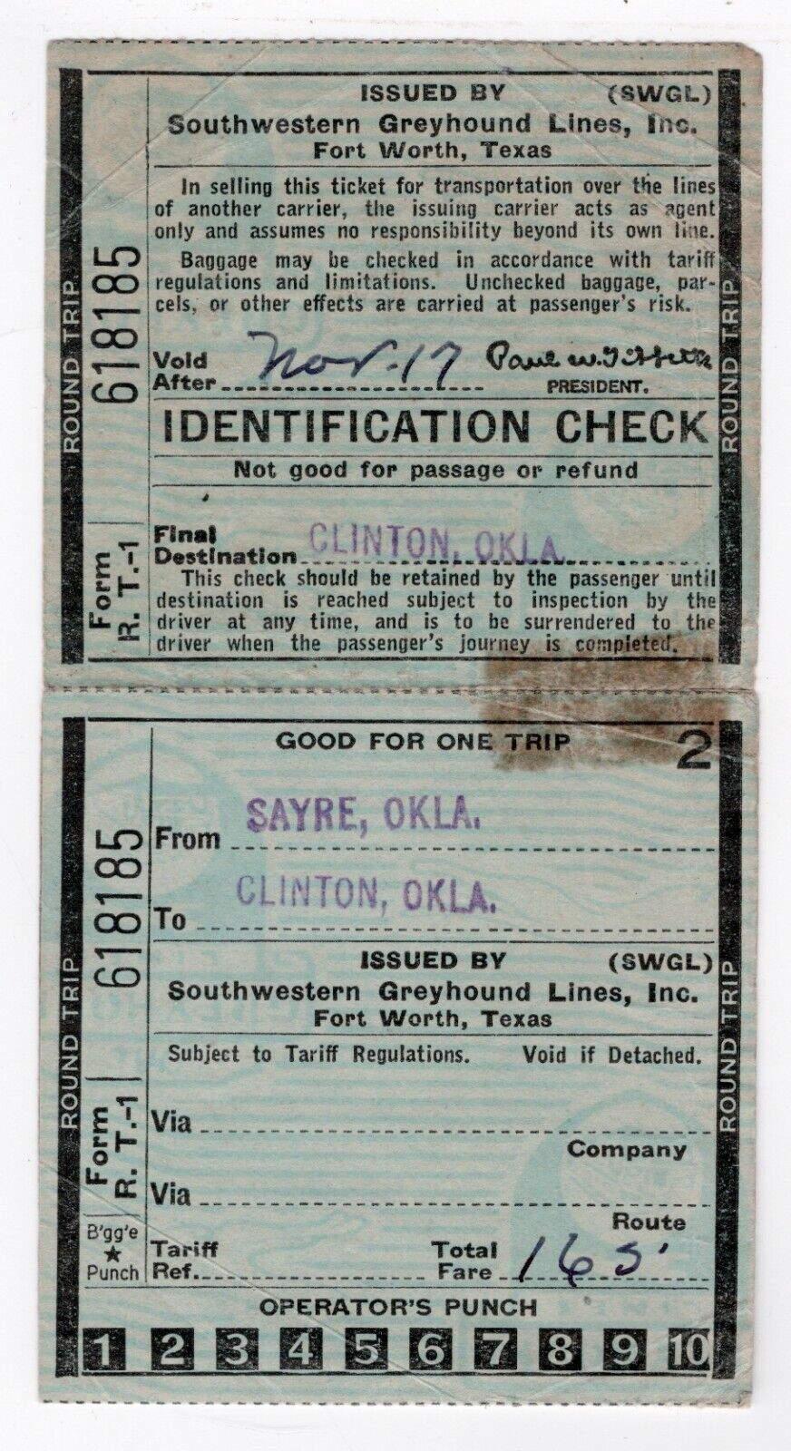 Greyhound Lines 1939 Identification Check / Ticket Sayre to Clinton Oklahoma