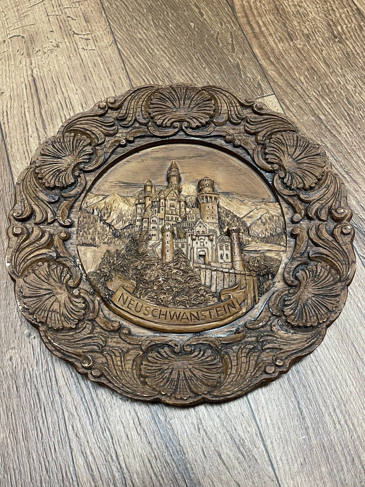 Vintage German Neuschwanstein 3D Wood Resin Carved Castle Plate 9”