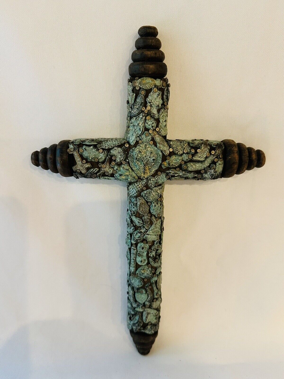 Vintage Half Round Wood Milagros Cross Hand Made Hecho en Mexico Green Patina