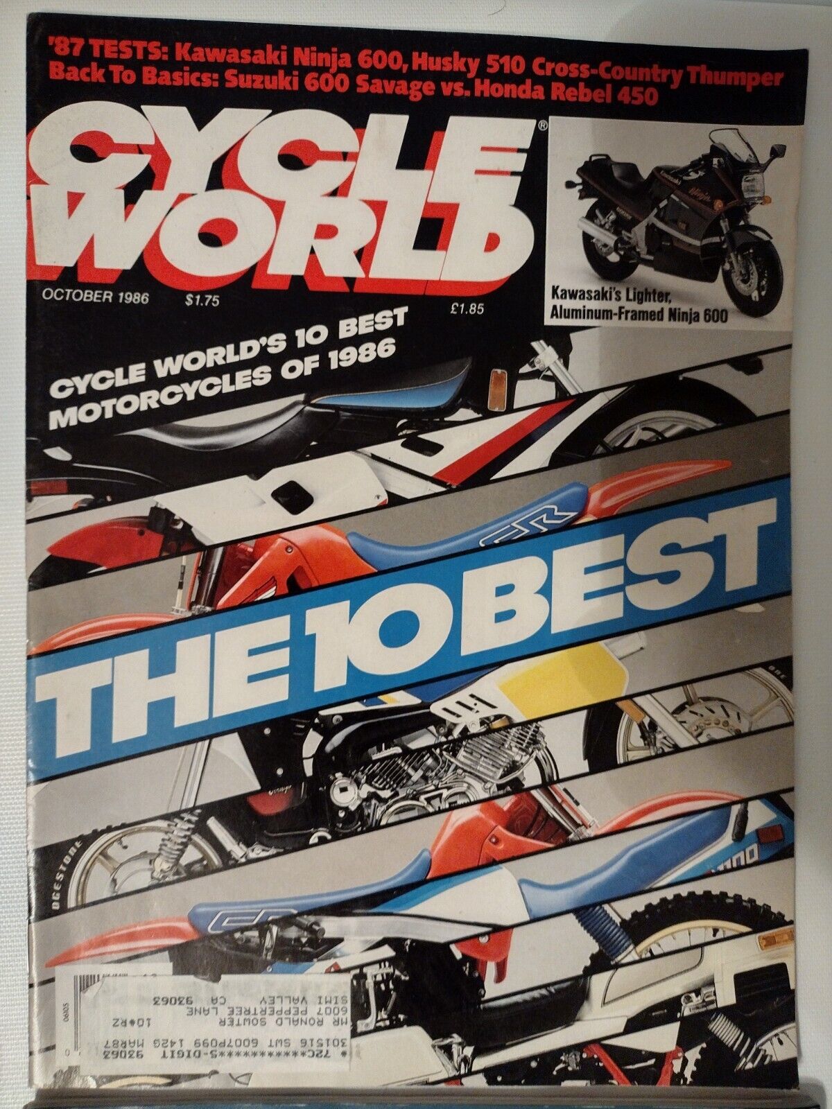 Cycle World Magazine October 1986- Kawasaki Ninja 600, Husky 510 Cross-Country