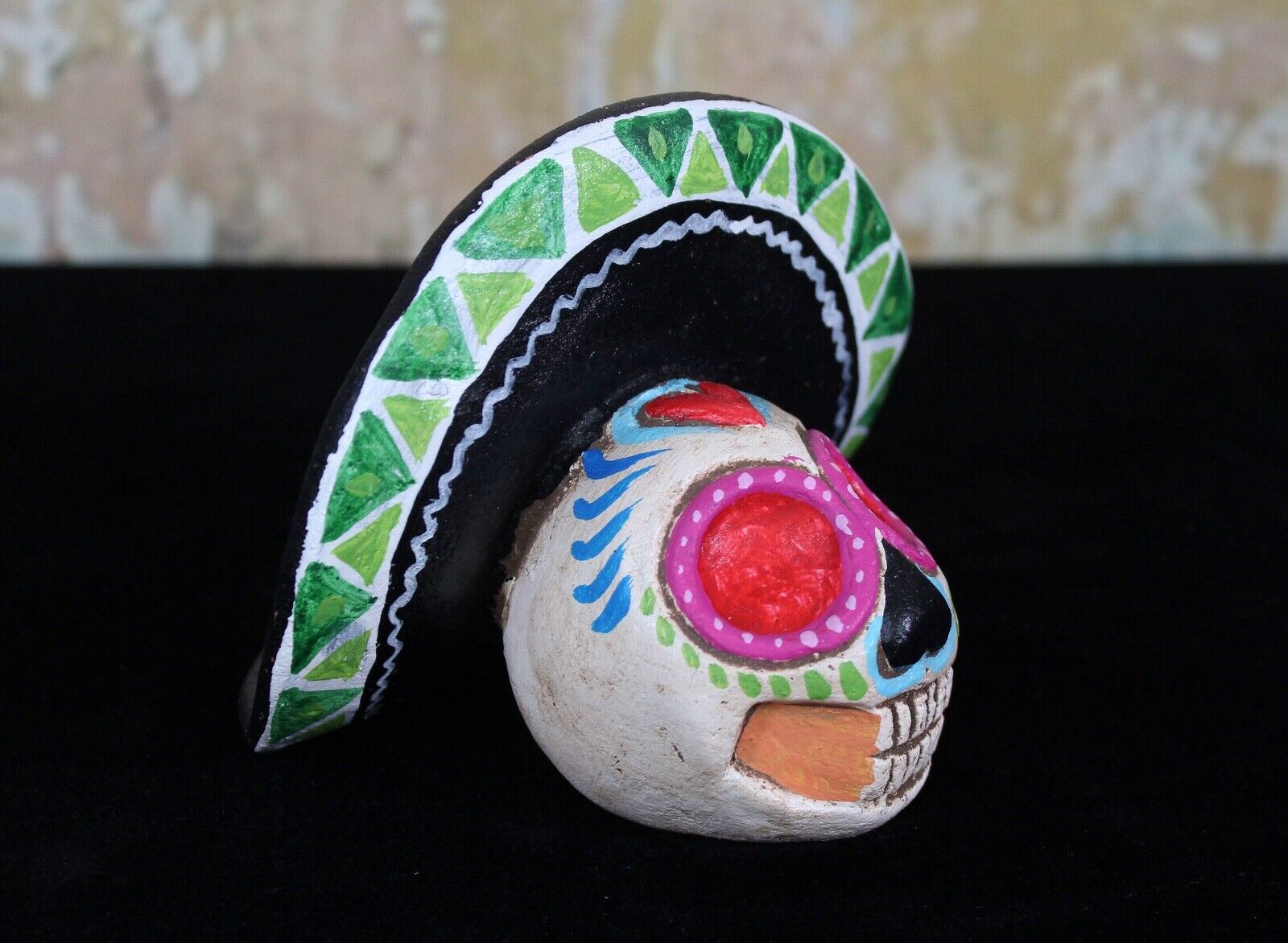 Sm Sugar Skull Sombrero Clay Muertos Handmade by Rafael Pineda Mexican Folk Art