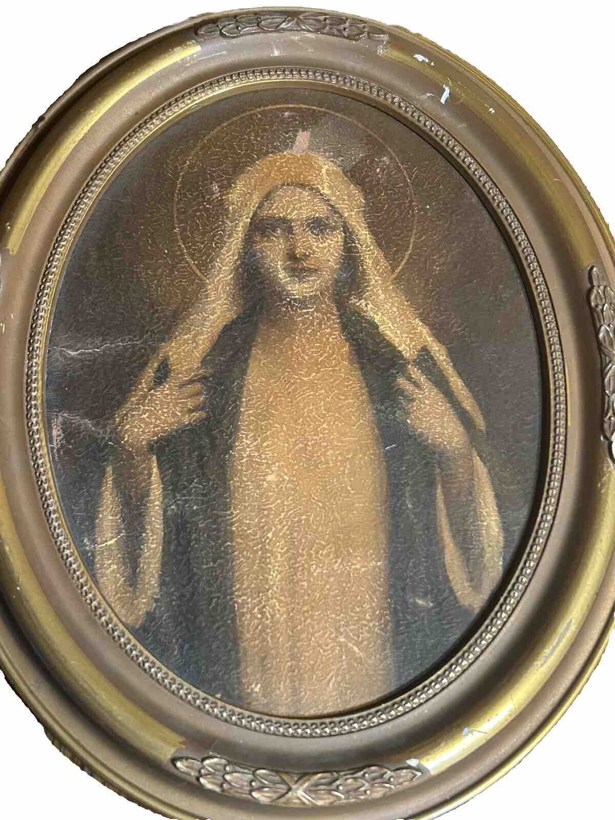 Antique Immaculate Heart Of Mary Portrait Framed 14”X8”