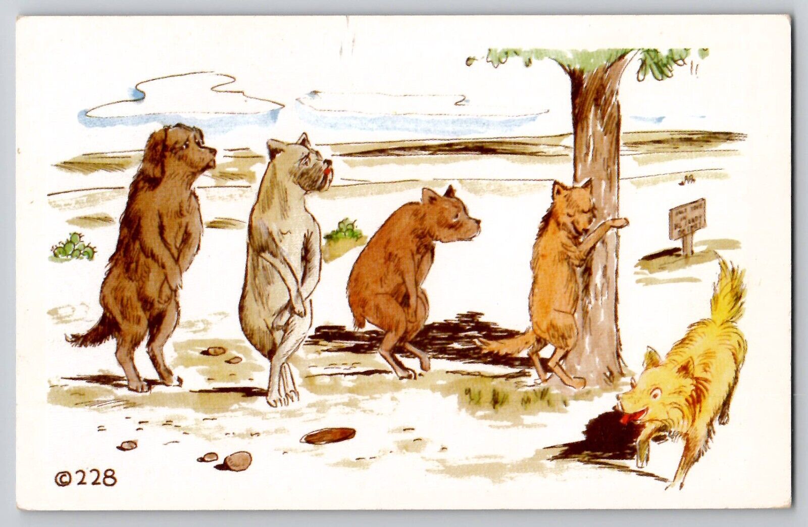 Dogs Waiting in Line Waiting to Pee on Tree Humor Chrome KromeKolor Postcard
