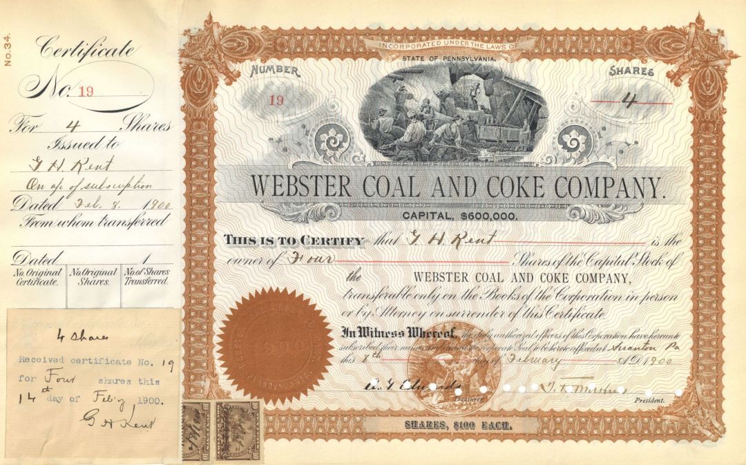 Webster Coal and Coke Co. - 1900-1946 dated Pennsylvania Mining Stock Certificat