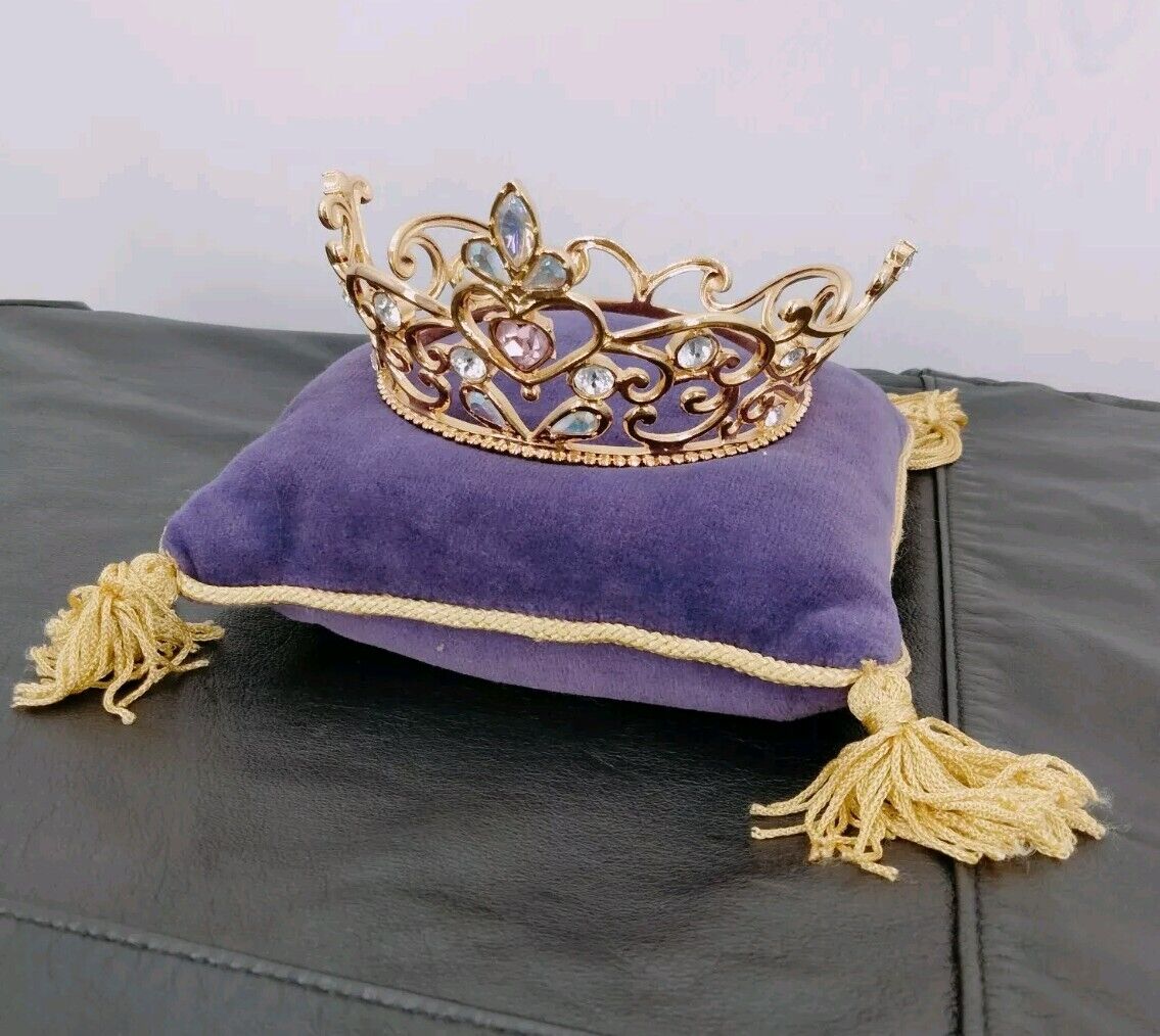 Franklin Mint Cinderella Disney's Tiara Jeweled Crown W/ Pillow 24K Gold Brushed
