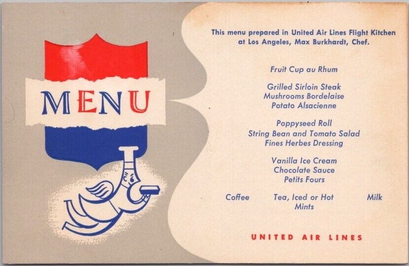 c1950s UNITED AIR LINES Menu Card Postcard Los Angeles / Chef Max Burkhardt
