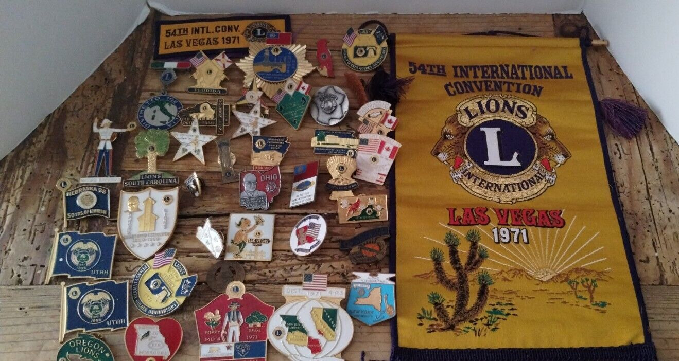 Lot of  Vintage LIONS Club Pins 1960's-70's and Las Vegas  1971 banner