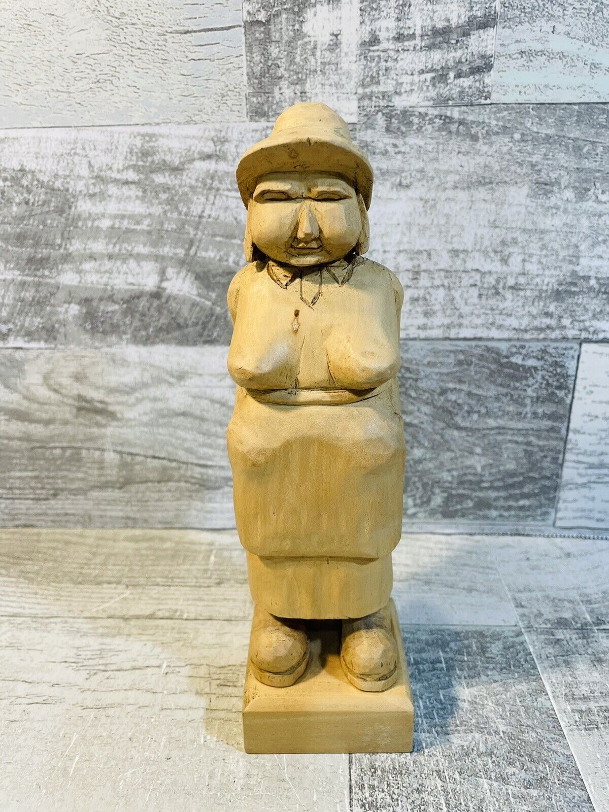 Vintage Hand Carved Natural Wood Old Woman Peasant Farmer 8” Tall Signed 1970
