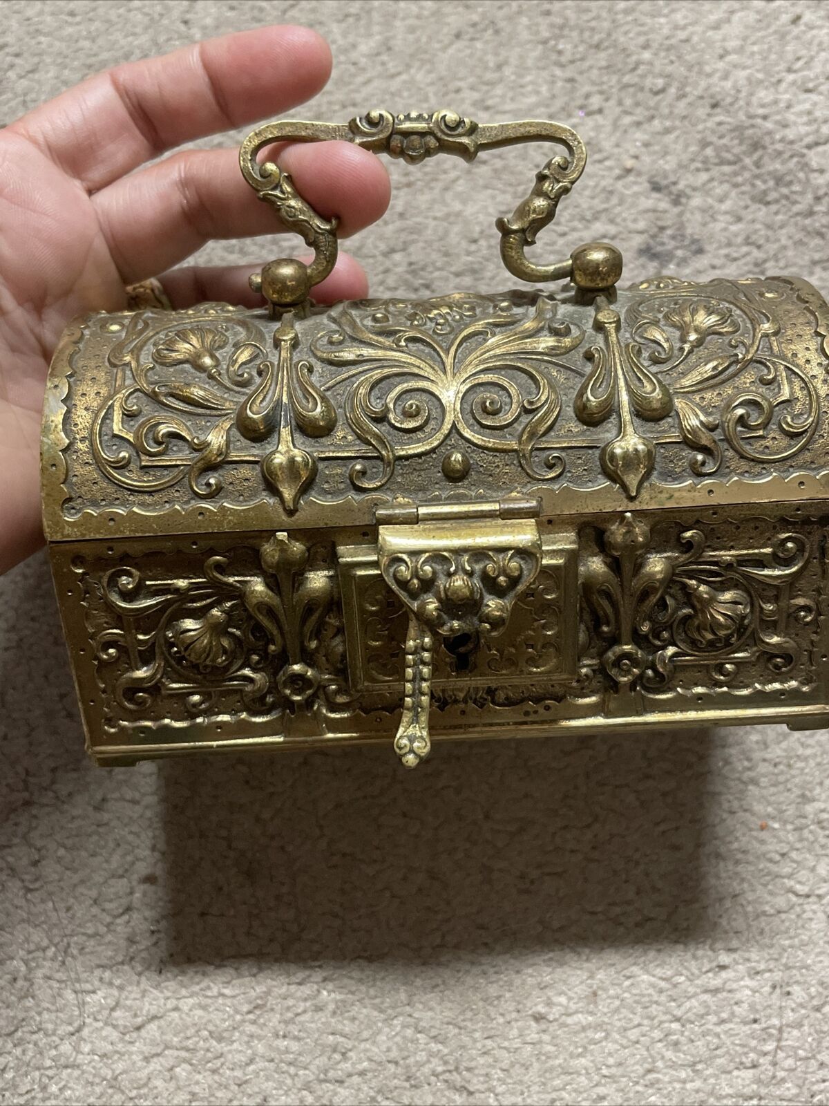 Vintage Velvet Lined Brass Casket Box (No Key)