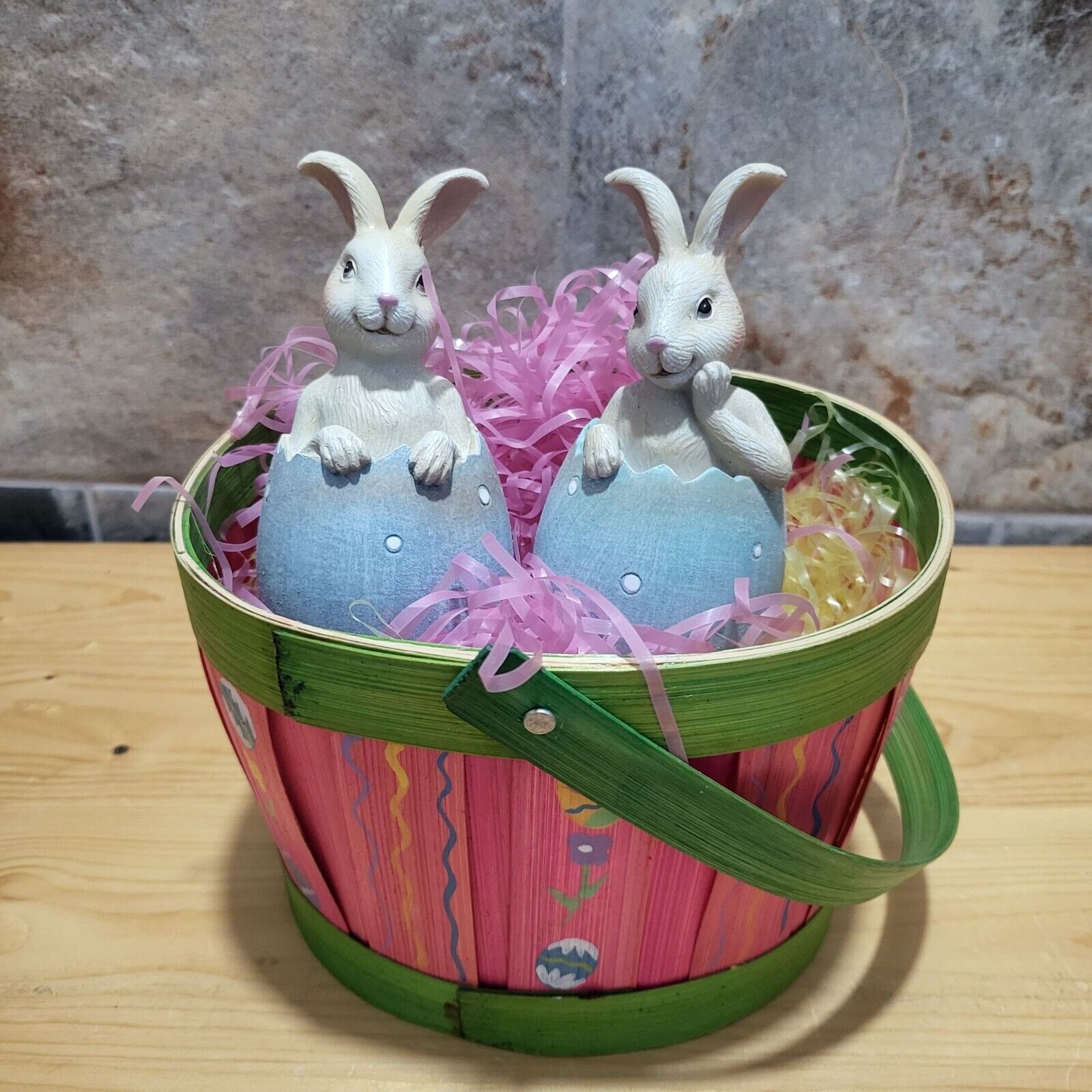 VTG Pair of Bunny Rabbits in Egg  Easter Basket