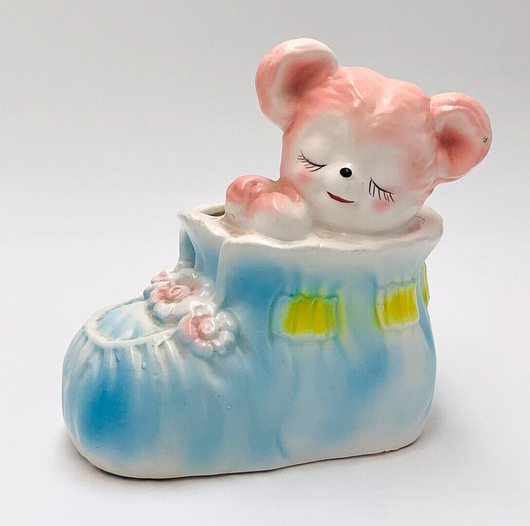 Vintage Teddy Bear Planter Japan #E-2558 Pink and Blue Nursery Figurine
