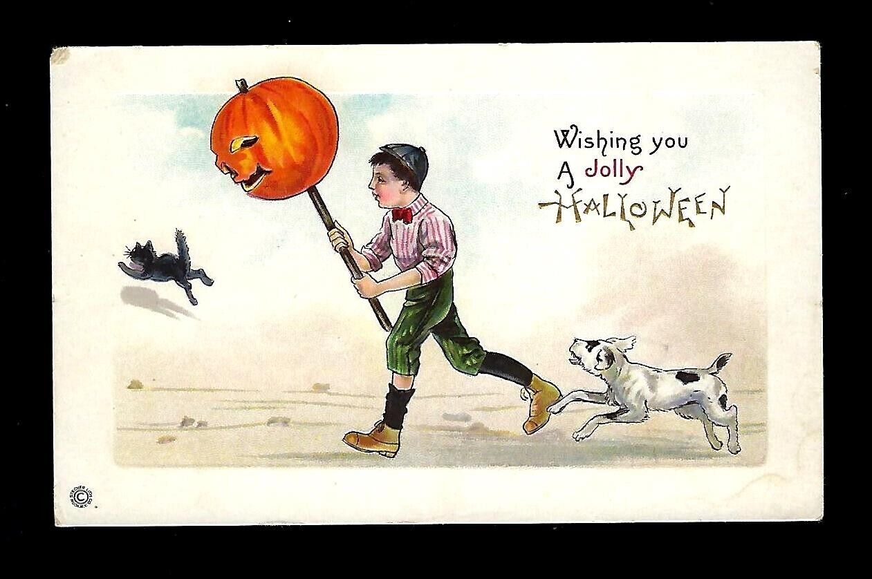 c1911 Stecher Halloween Postcard Boy Carrying Pumpkin on a Stick, Dog, Cat