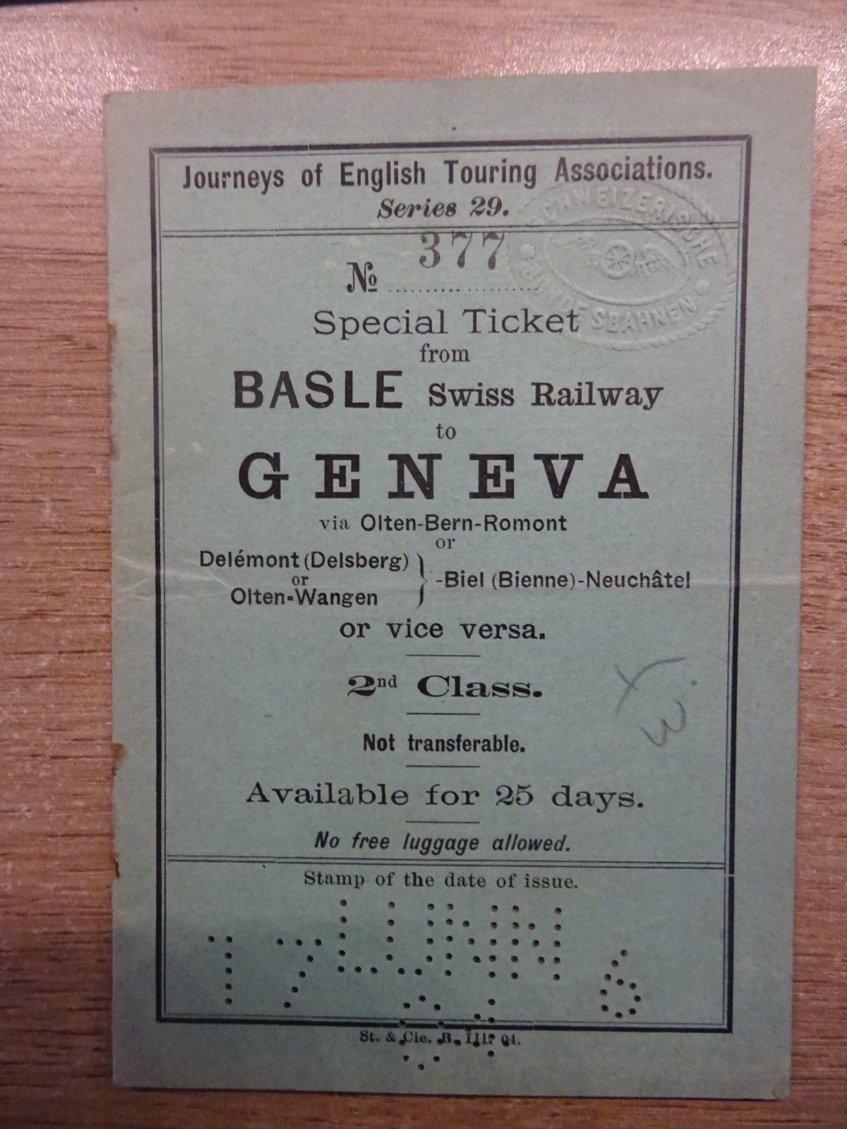 SWITZERLAND BASLE TO GENEVA, 1905 SPECIAL RAILWAY TICKET , SEE PICTURES