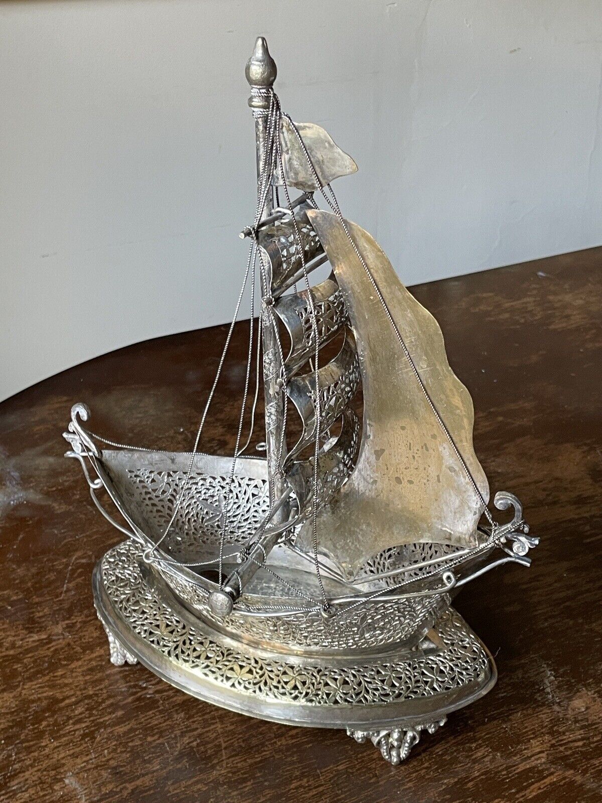 Vintage Filligree Silver Plate Metal Ship Lamp