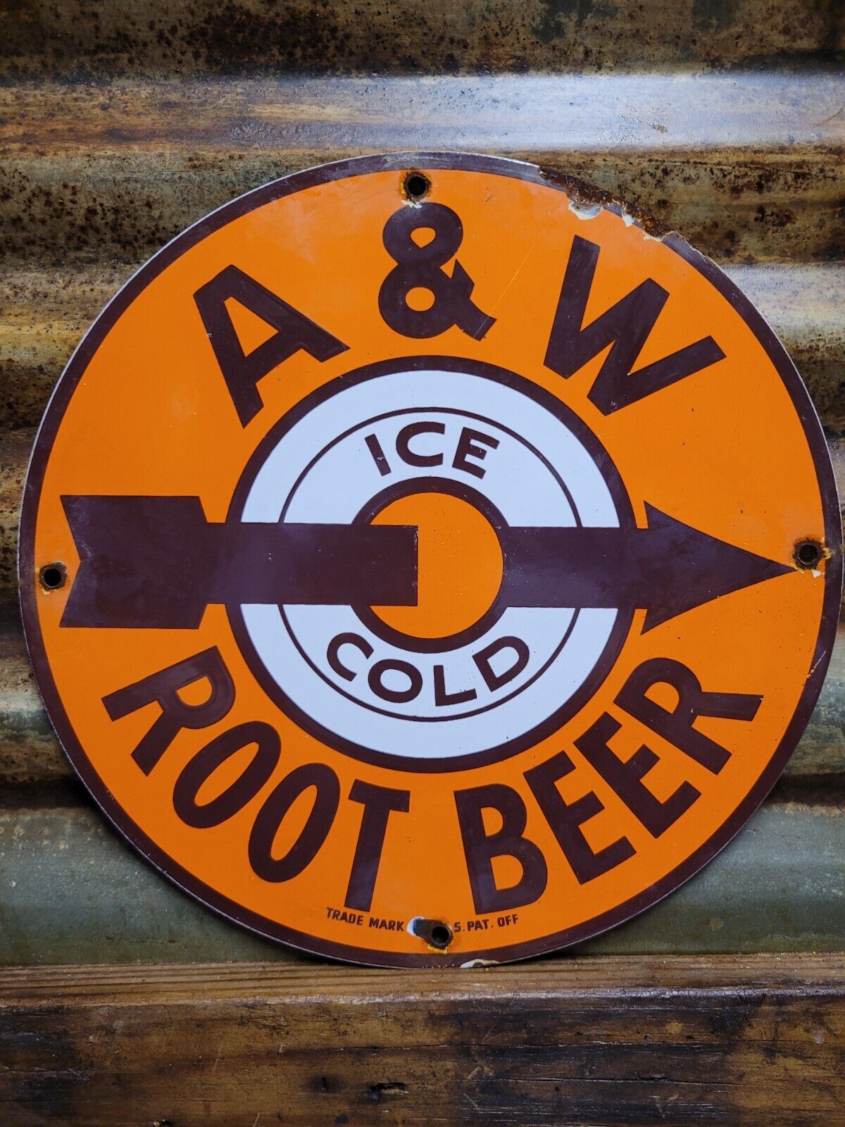 VINTAGE A&W ROOT BEER PORCELAIN SIGN ICE COLD SODA SOFT DRINK SERVED HERE DINER
