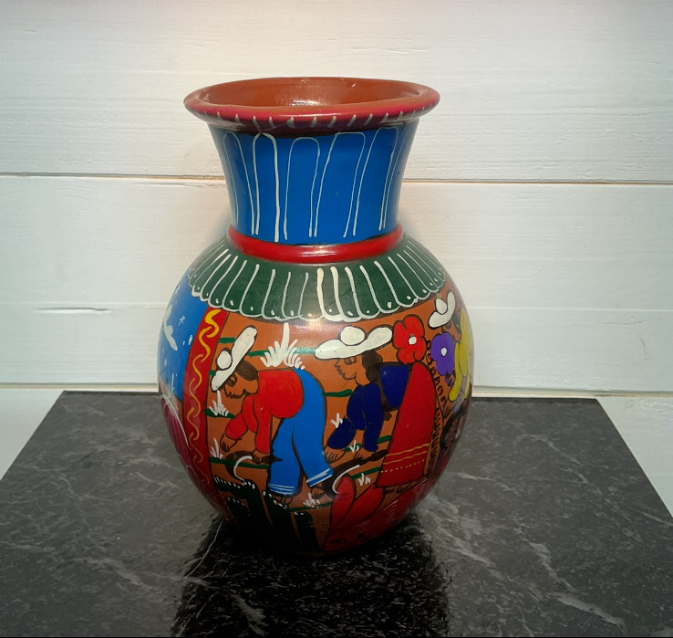 Mexican Folk Art - Hand Painted Red Clay Vase - 7\