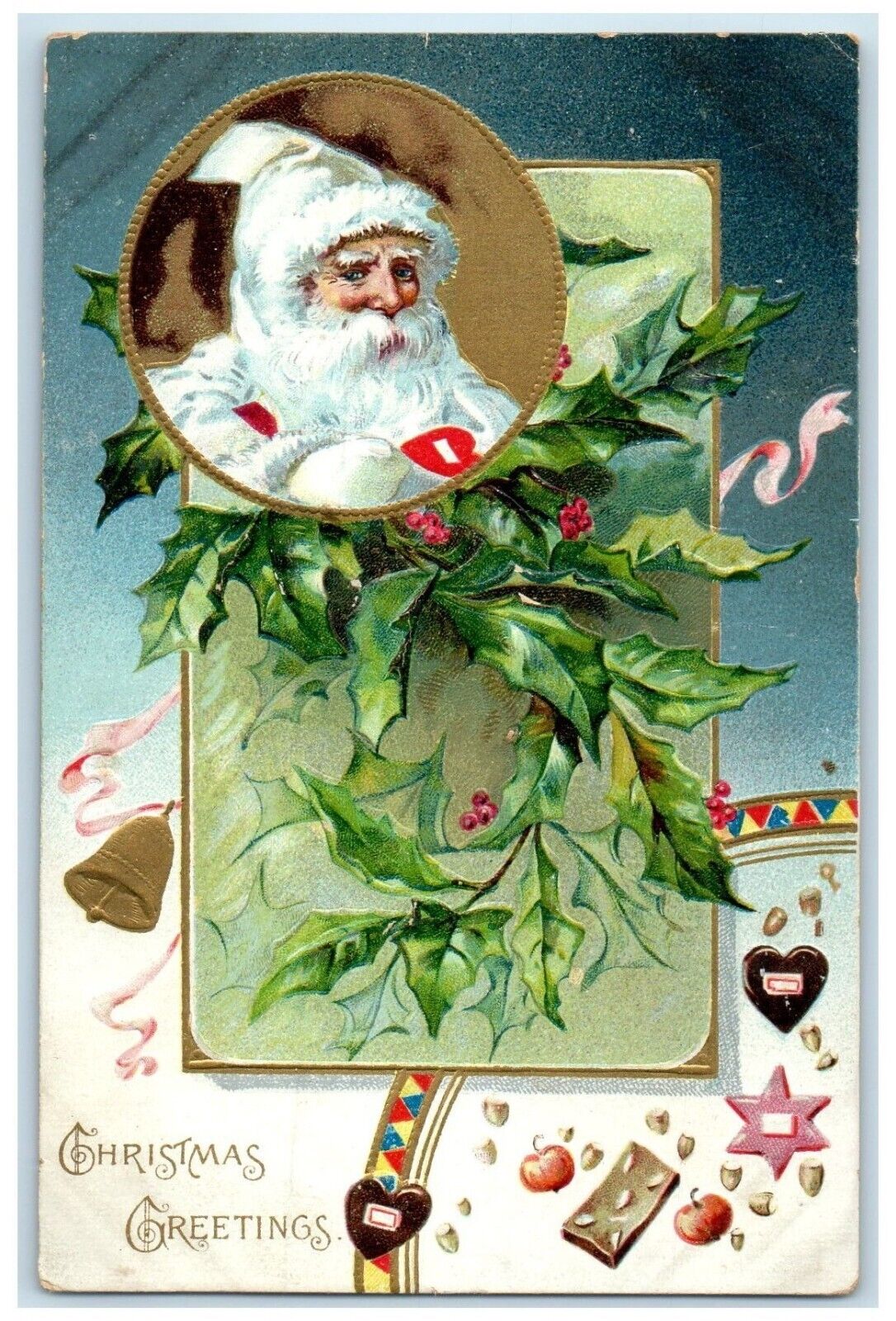 c1905 Christmas Greetings Santa Claus White Robe Berries Bell Embossed Postcard