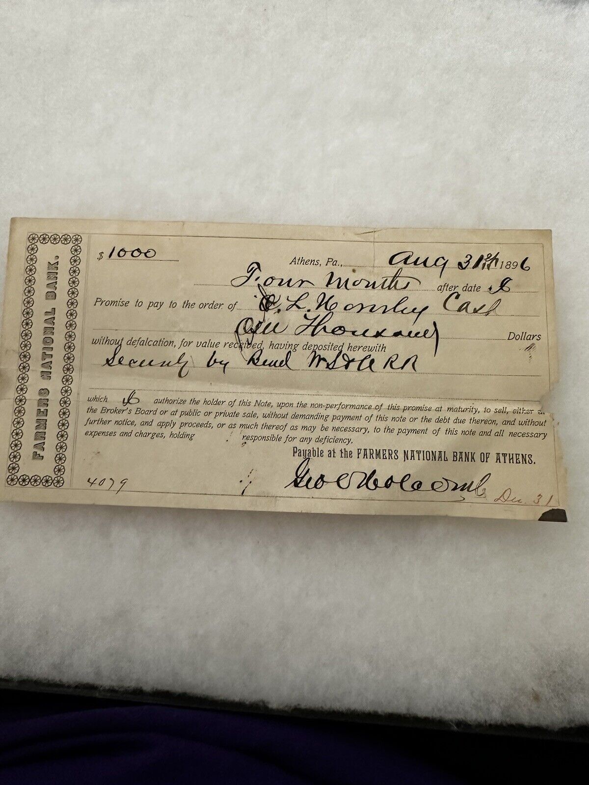 1896 Athens  PA Bank Check, $1000 Farmers National Bank