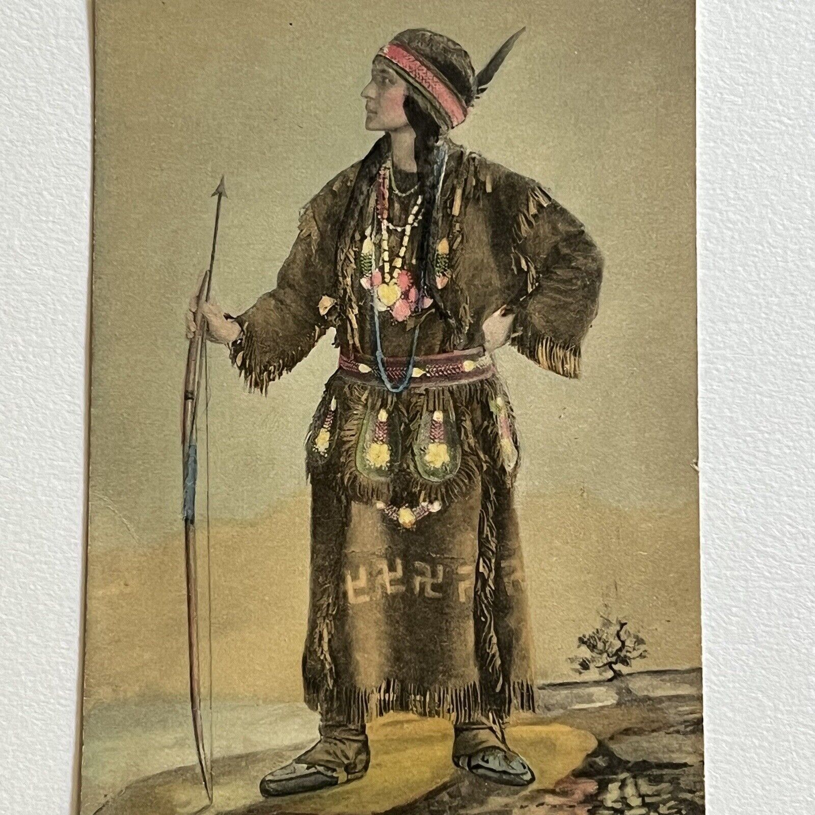 Antique Postcard Beautiful Native American Indigenous Woman Swastika Good Luck