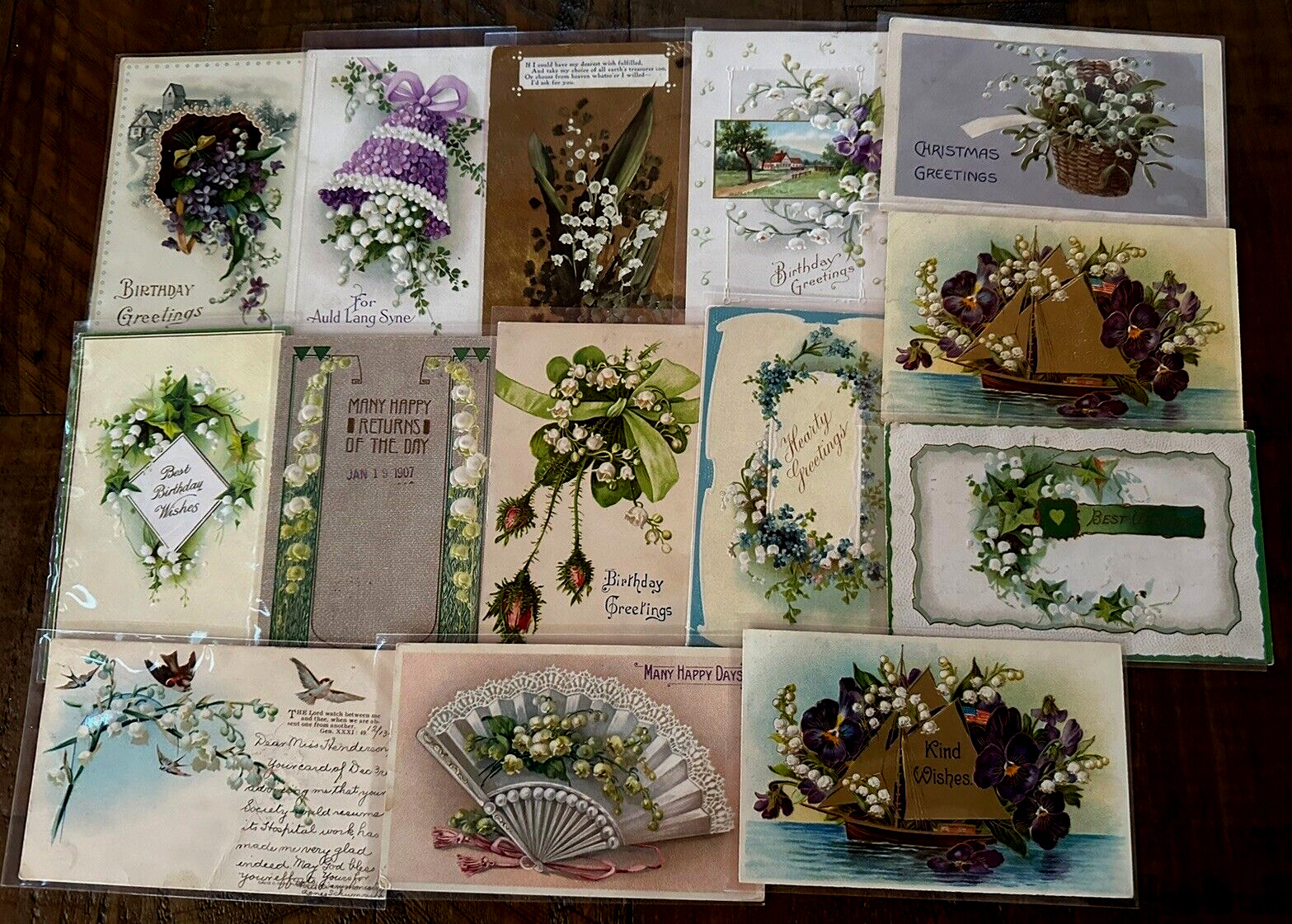 Pretty Lot of 14 Antique Greetings Postcards w. Lily of the Valley Flowers-k424