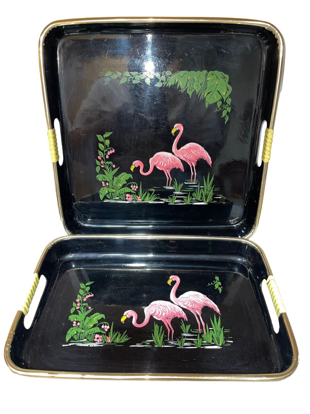 2 Vintage 1985 Sarsaparilla Pink Flamingo Appetizer Trays High Gloss Black