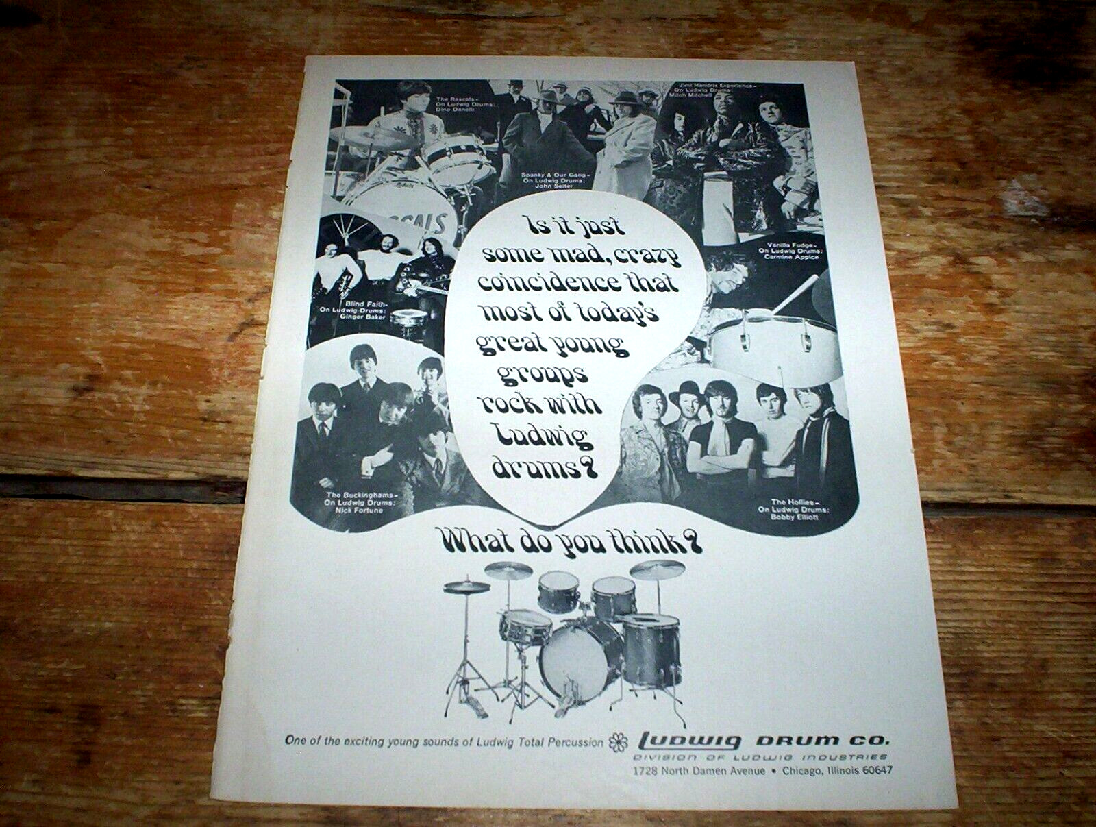 LUDWIG DRUMS ( HENDRIX / HOLLIES / RASCALS / BLIND FAITH ) ORIG 1966 PROMO Ad NM