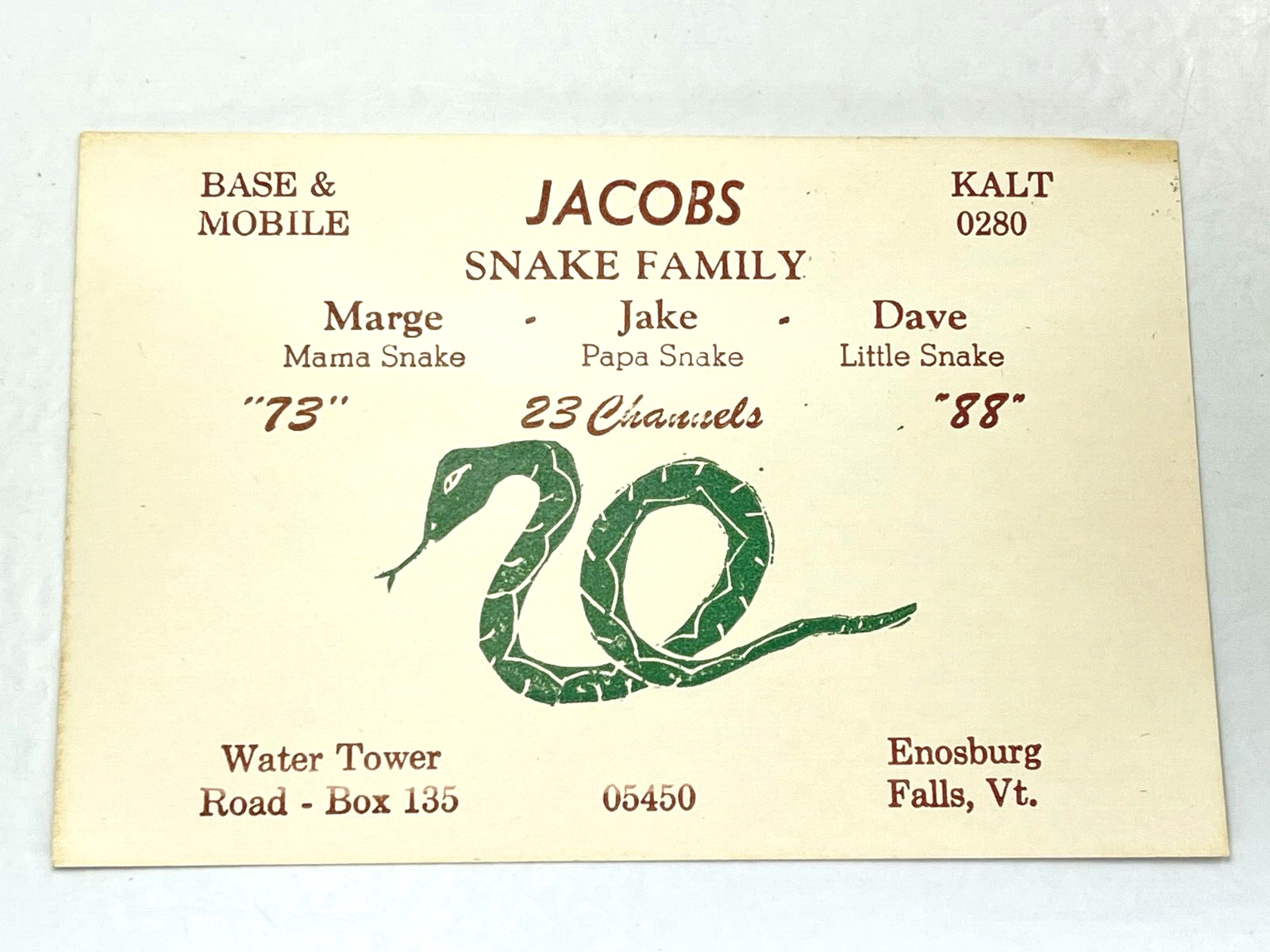 Vintage QSL Card Ham CB Amateur Radio Jacobs Snake Family Enosburg Falls VT