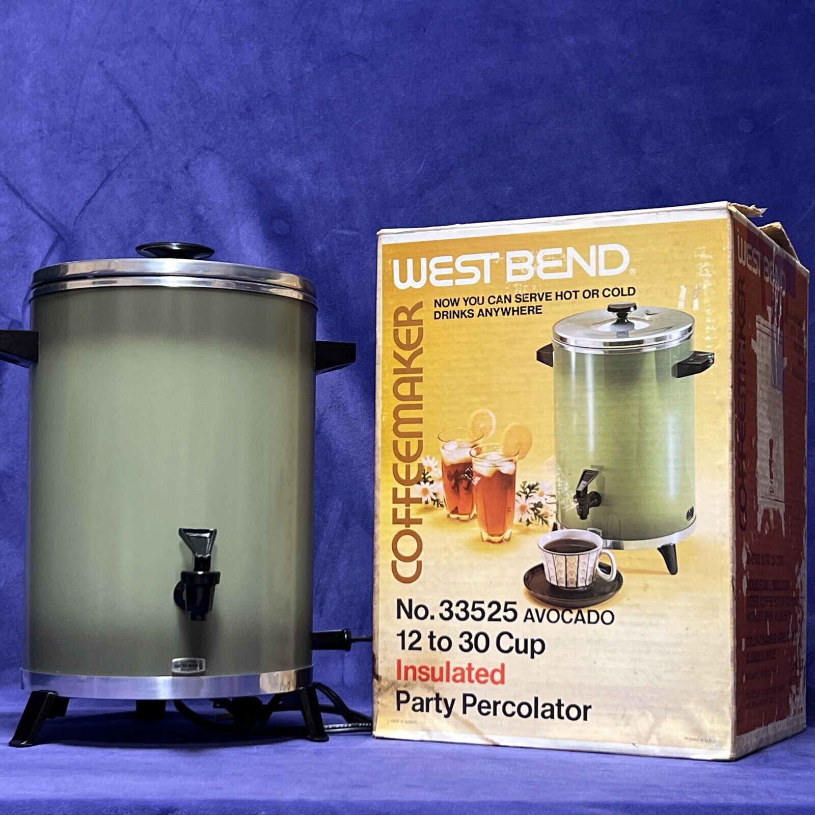 Vintage West Bend Avocado 30 Cup Coffee Percolator 60s w/ Original Box & Manuals