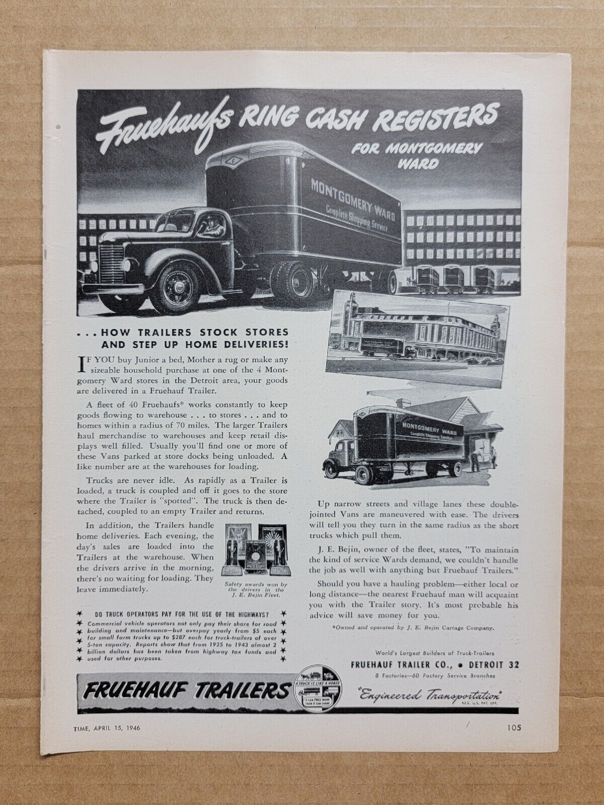 VINTAGE 1946 Print Ad Advertisement Fruehauf Trailers Montgomery Ward WW2