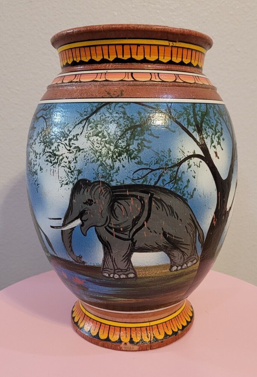 Marked Elephant Painted Wood Vase 11.5 Inch Multiple Elephants Red Yellow