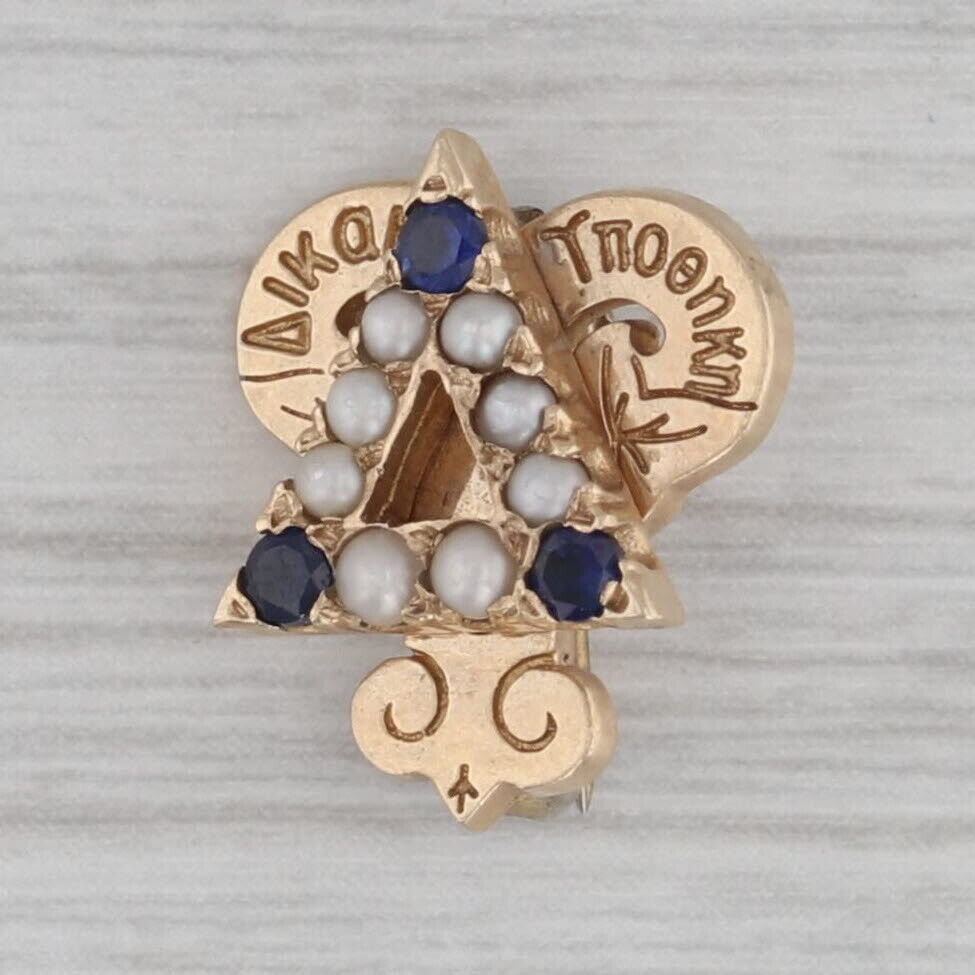 Delta Upsilon Badge 10kGold Pearl Lab Created Sapphire Vintage Fraternity Pin