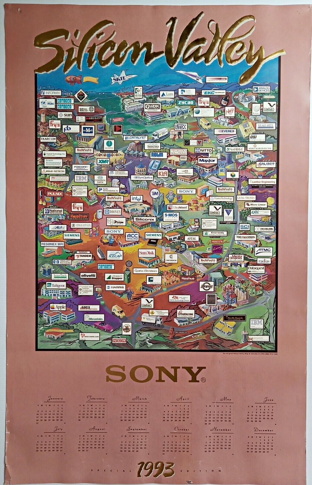 Rare 1992 SONY Silicon Valley Pictorial Map & Calendar. Technology Tech Poster