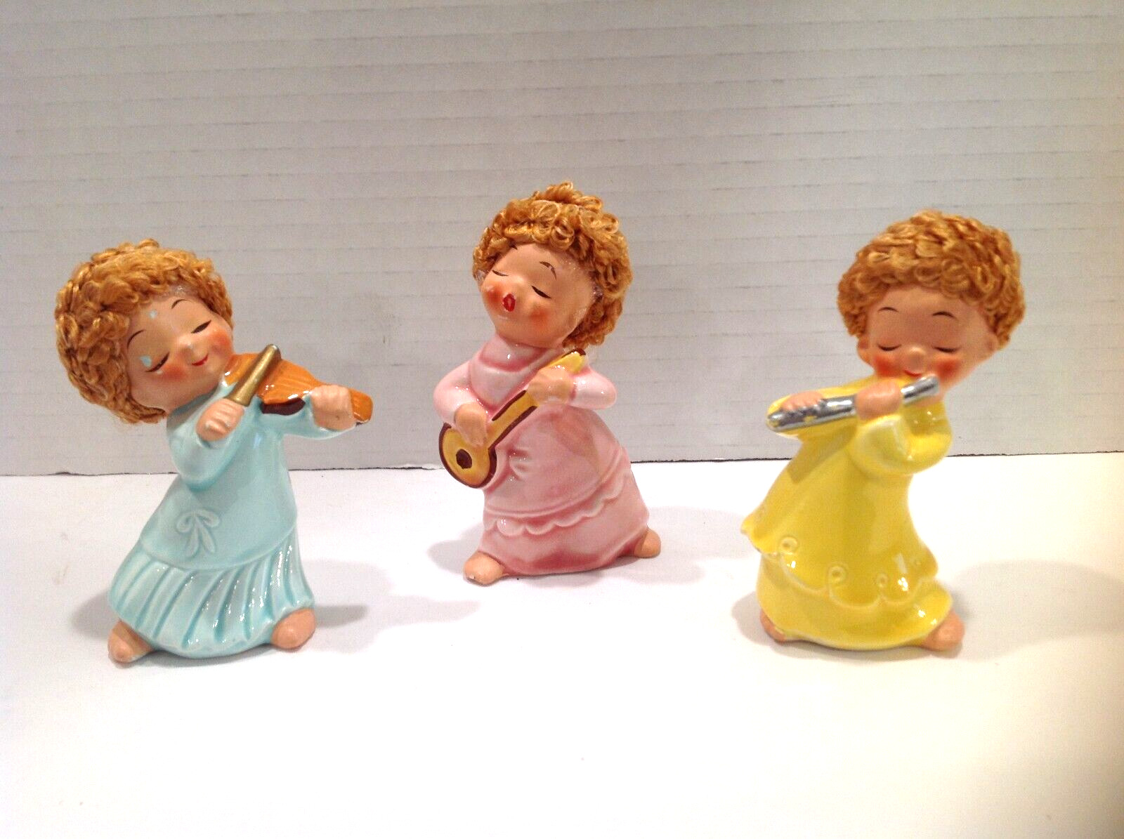 Vintage Enesco Curly Hair Angels Figurines Playing Instruments Foil Tag Japan