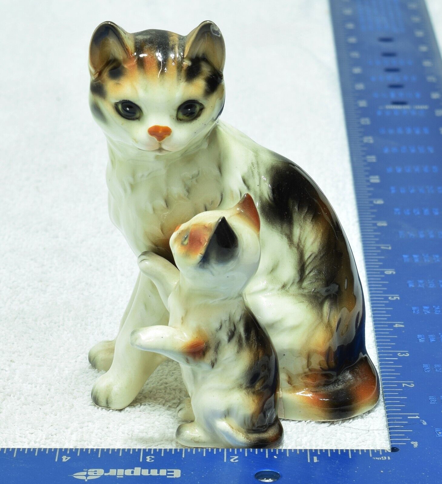 Vintage White Orange Black Ceramic Mama Cat with Kitten Figurine
