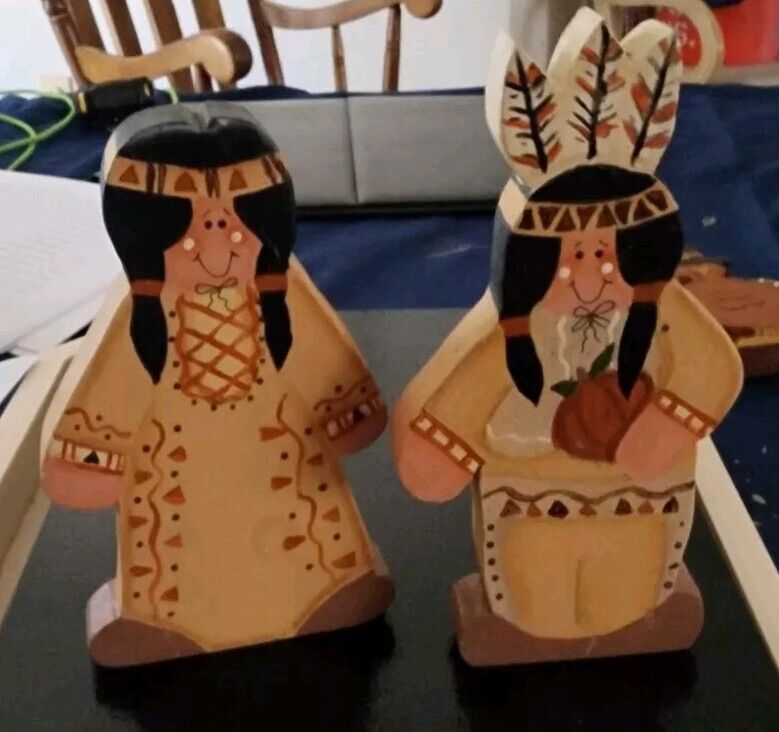 Hand Painted Thanksgiving Chief And Indian Maiden Wood Tole