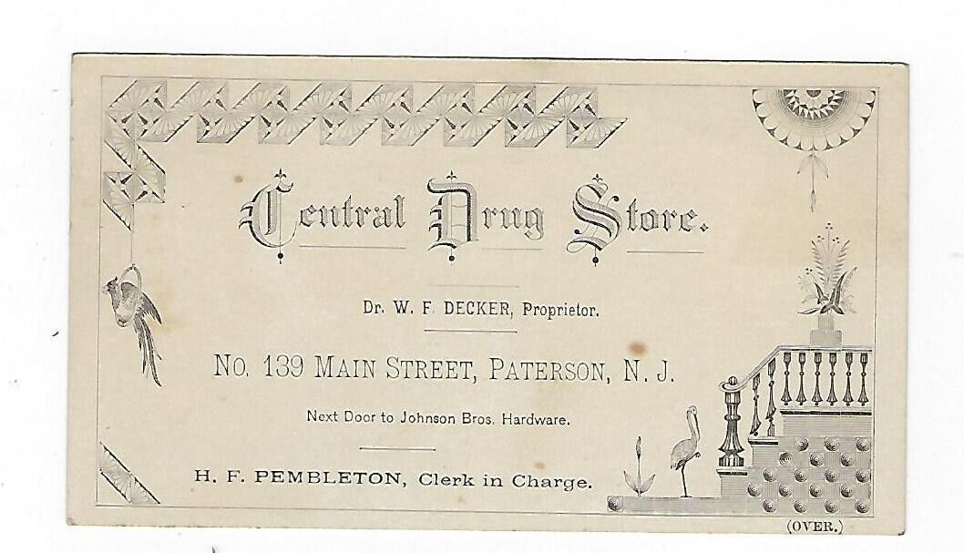 c1890 Victorian Trade Card Central Drug Store, Paterson NJ.