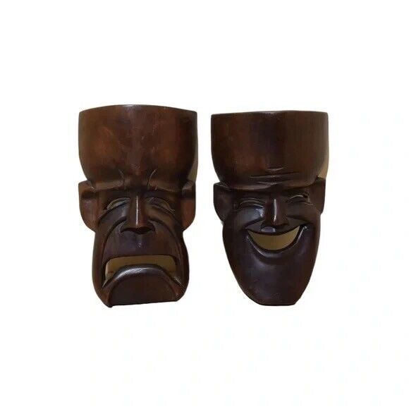 Set Of 2 Vintage Wood Carved Face / Mask 12 Inches Wall Hanging Mask