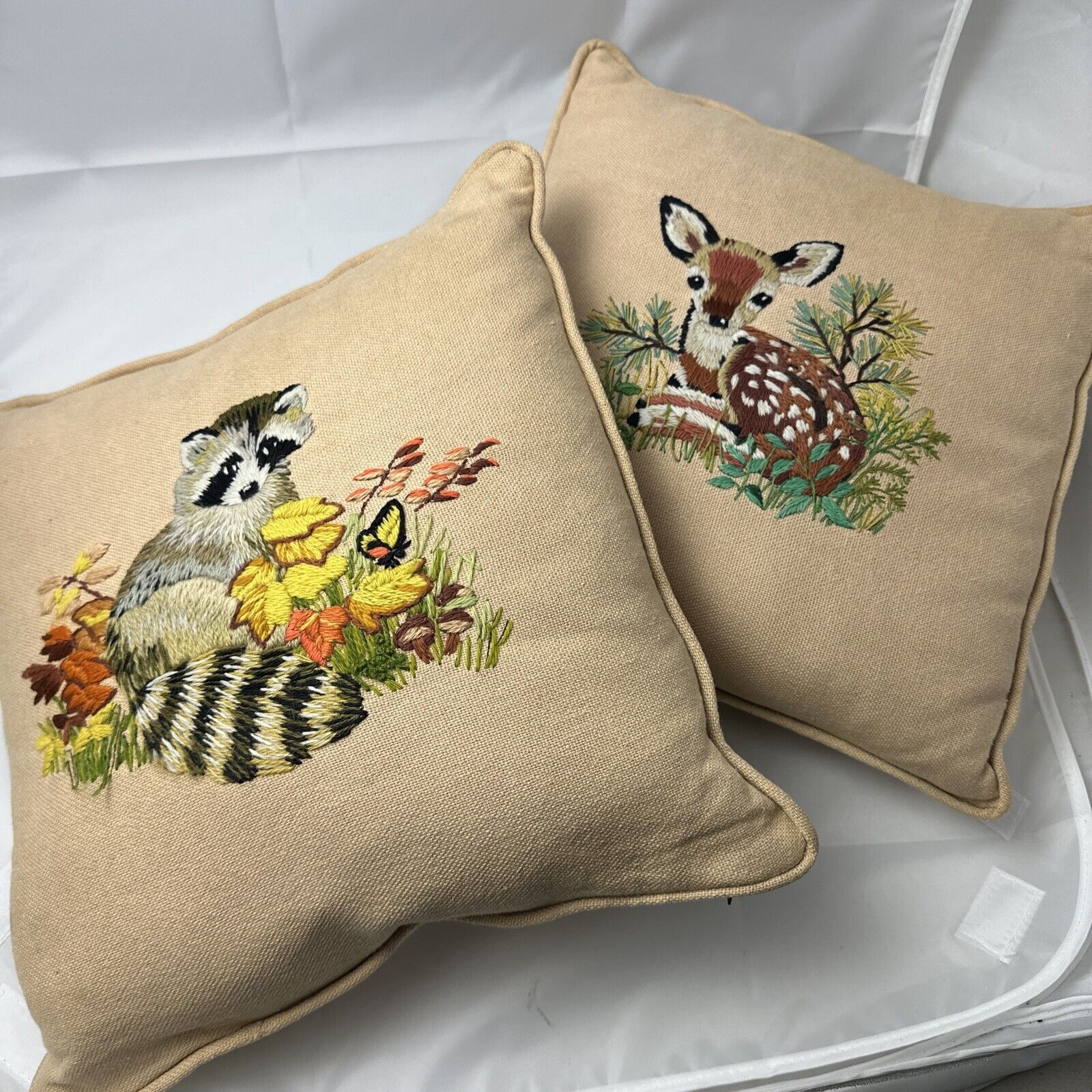 (2) Vintage MCM Embroidered Needlepoint Pillows Deer/Fawn And Raccoon