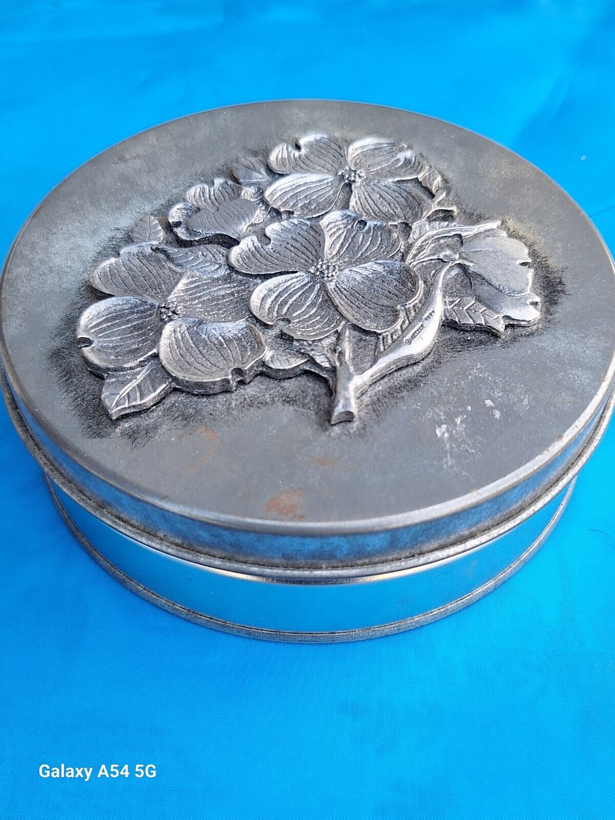 1980's Vintage METZKE Tin With Pewter Flowers